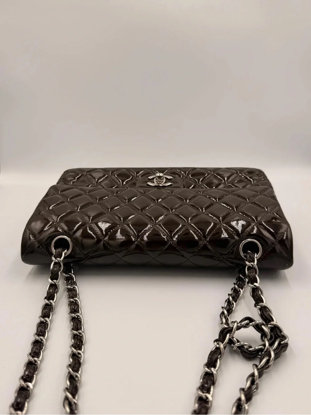 Chanel Classic Medium Double Flap — Dark Brown Patent Silver HW